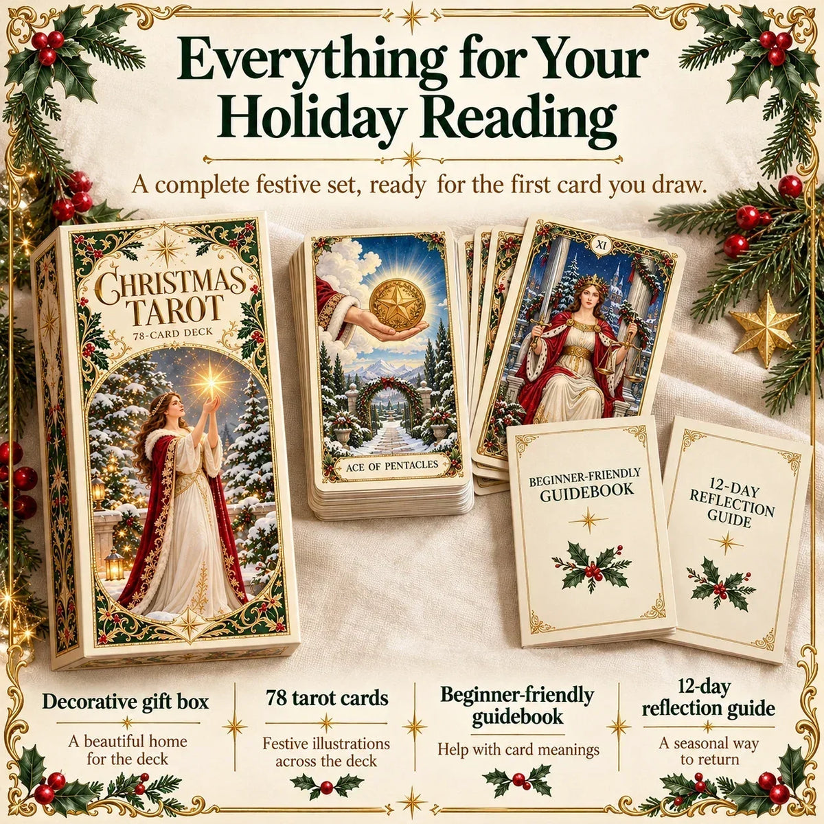 🔮Christmas Tarot Deck Gift Set – 78 Festive Cards & 12-Day Reflection Guide