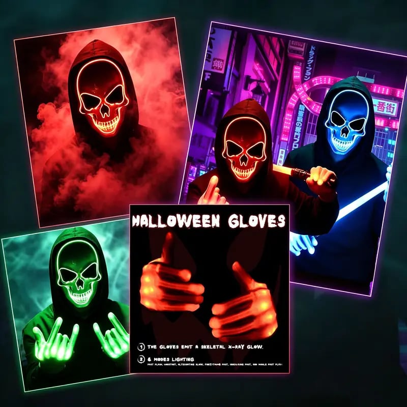 Halloween LED Scary Skeleton Hacker Mask - One Size Cosplay Horror Mask Party Clothing, Creepy Accessories, Multi-Color Glowing Lights
