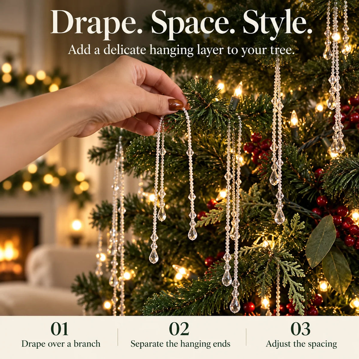 ✨ Reusable Clear Beaded Tinsel – Teardrop Icicle Strands for Christmas Trees