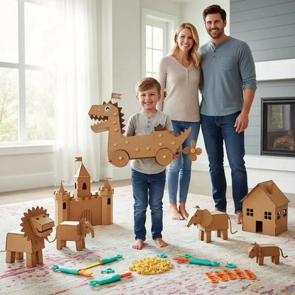 Kids Cardboard DIY Building Kit - Safe Rebuildables, Hole-Making Implements, Folding Tools - STEM Educational Engineering Craft Toys, Cool Gifts for Kids Ages 3+
