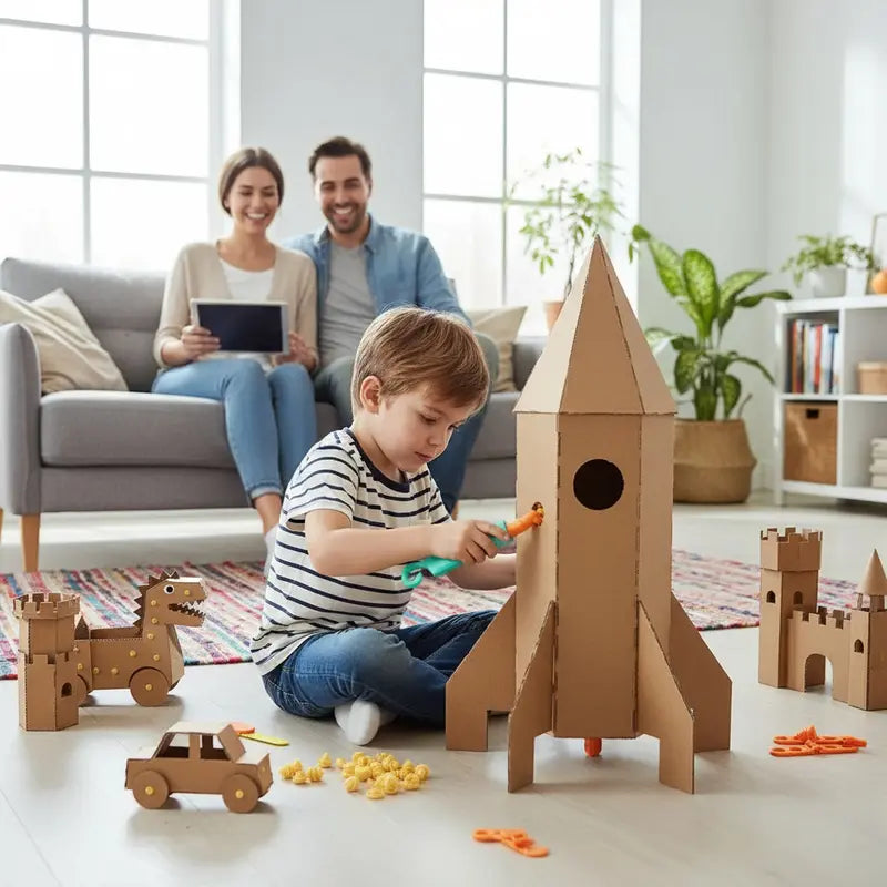Kids Cardboard DIY Building Kit - Safe Rebuildables, Hole-Making Implements, Folding Tools - STEM Educational Engineering Craft Toys, Cool Gifts for Kids Ages 3+