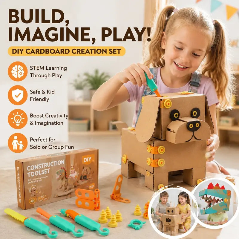 Kids Cardboard DIY Building Kit - Safe Rebuildables, Hole-Making Implements, Folding Tools - STEM Educational Engineering Craft Toys, Cool Gifts for Kids Ages 3+