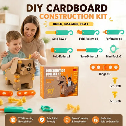 Kids Cardboard DIY Building Kit - Safe Rebuildables, Hole-Making Implements, Folding Tools - STEM Educational Engineering Craft Toys, Cool Gifts for Kids Ages 3+