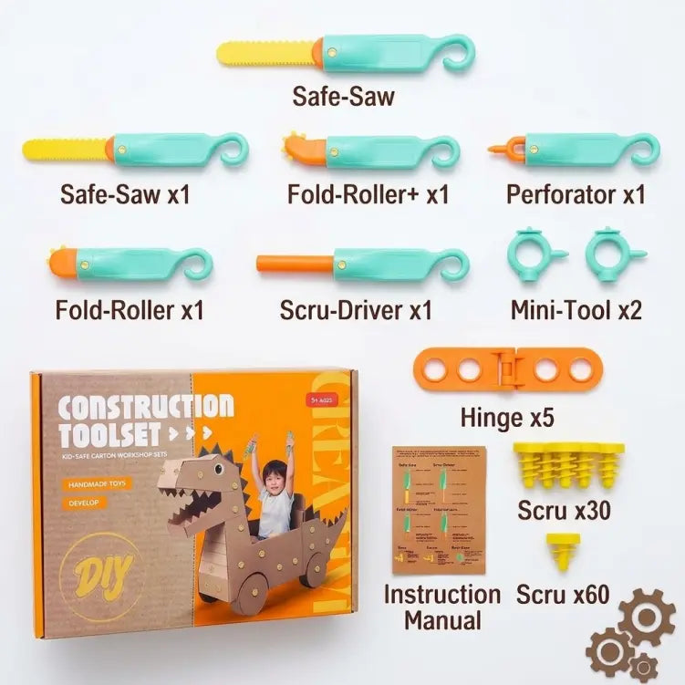 Kids Cardboard DIY Building Kit - Safe Rebuildables, Hole-Making Implements, Folding Tools - STEM Educational Engineering Craft Toys, Cool Gifts for Kids Ages 3+