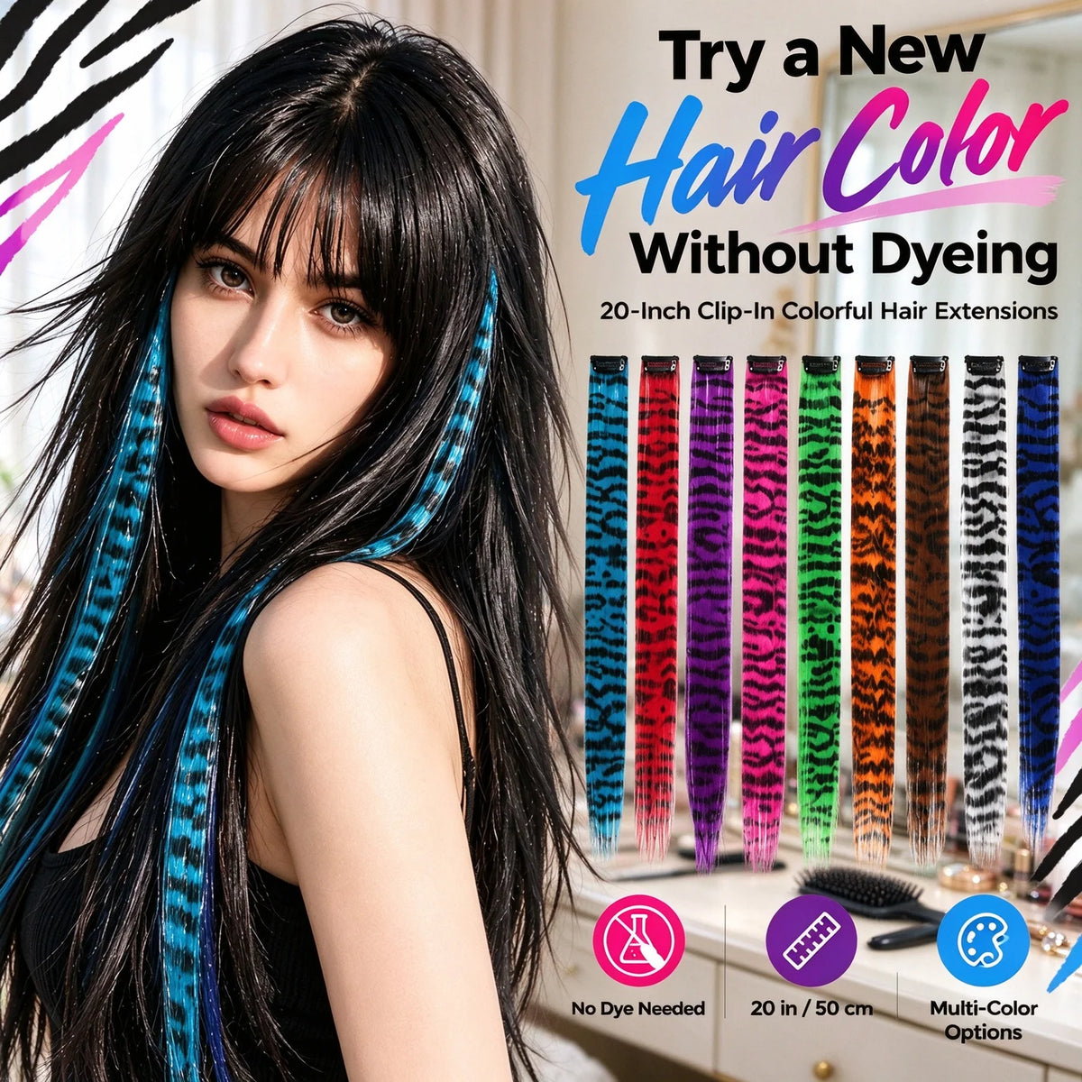 Colored clip-on highlights hair extensions（2Pcs）