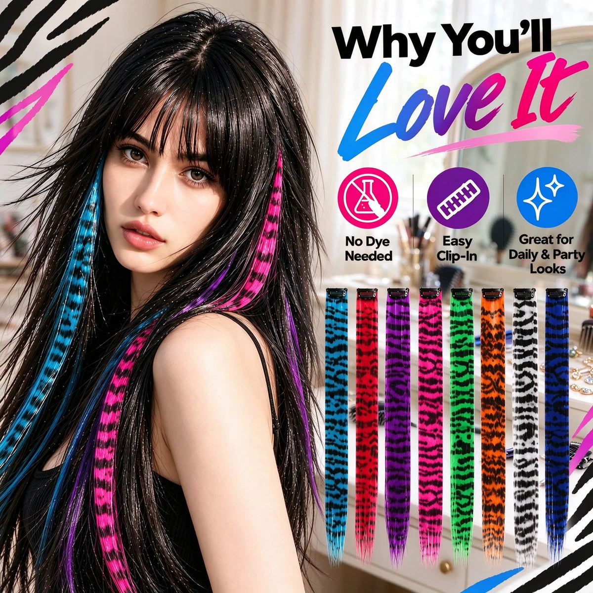 Colored clip-on highlights hair extensions（2Pcs）
