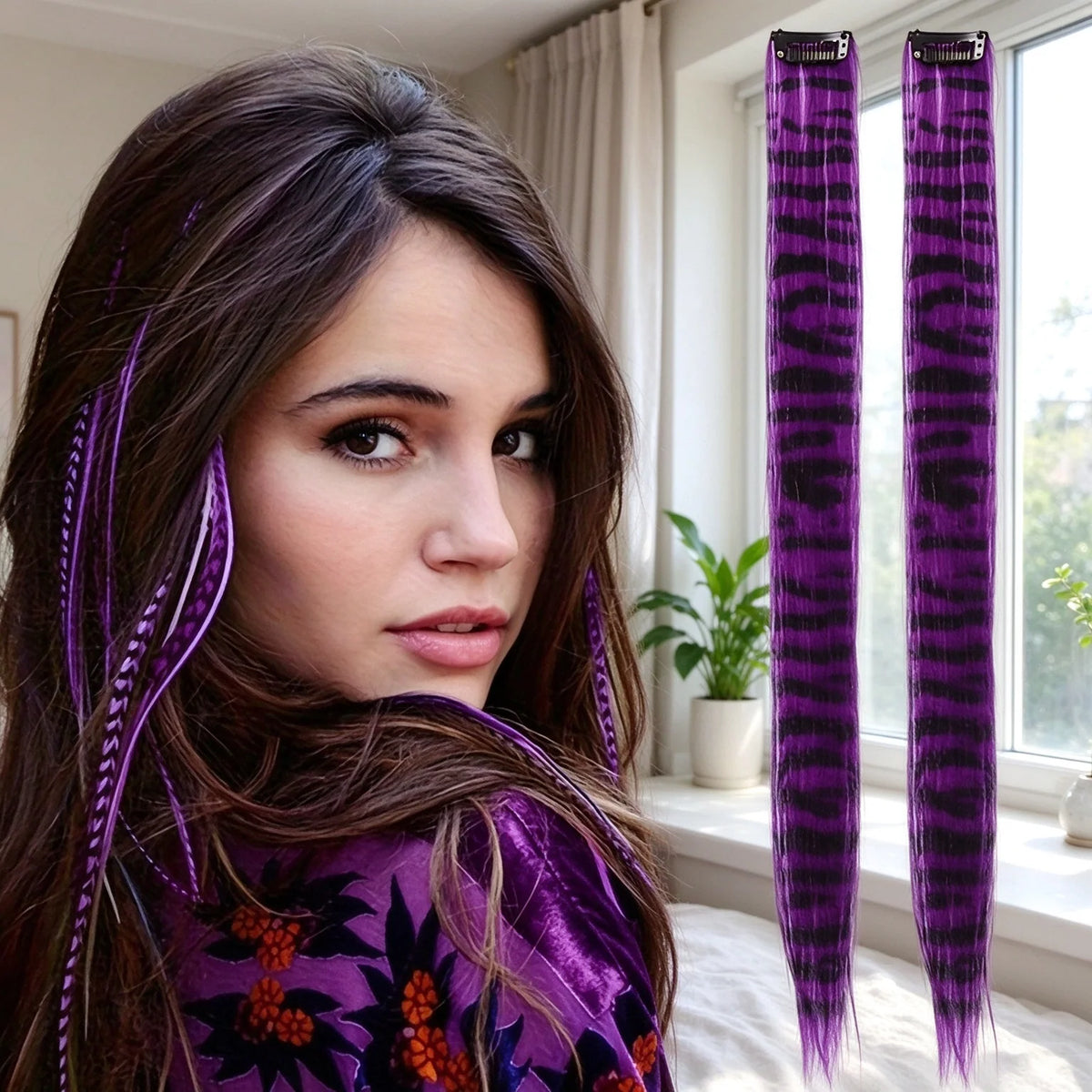 Colored clip-on highlights hair extensions（2Pcs）
