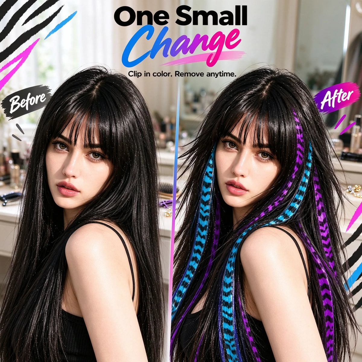 Colored clip-on highlights hair extensions（2Pcs）