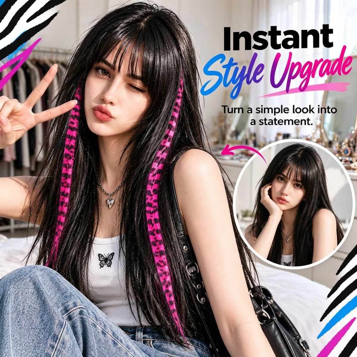 Colored clip-on highlights hair extensions（2Pcs）