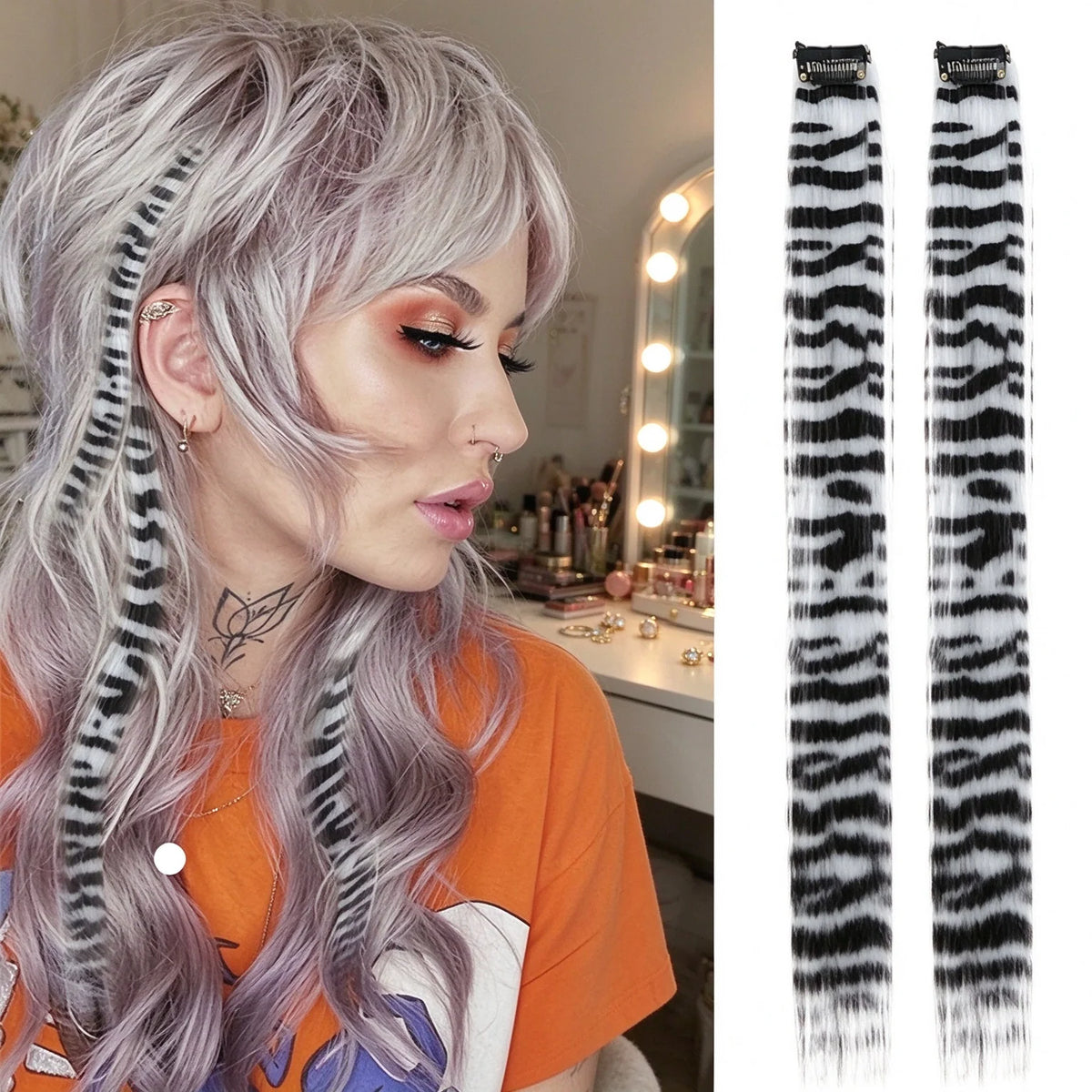 Colored clip-on highlights hair extensions（2Pcs）