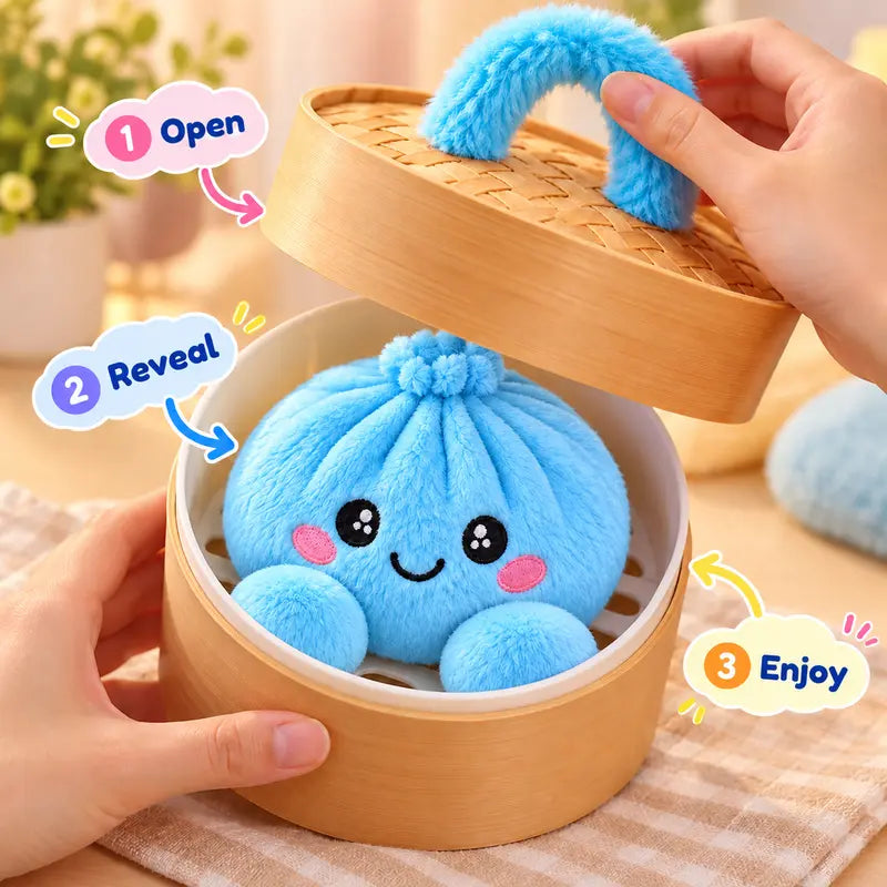 Cute Plush Stuffed Dumpling Squishies with Bamboo-Style Steamer Basket, Big Rainbow Squishy Toy