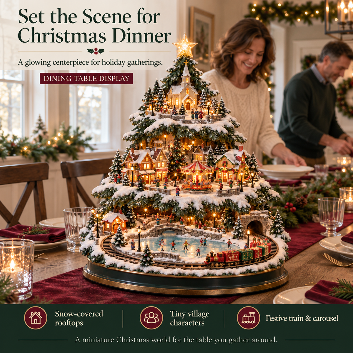 🚂🎄 Lighted Christmas Village Tree – Animated Train & Carousel Holiday Display