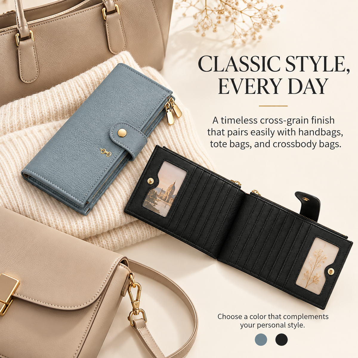 ✨ RFID Blocker Bifold Wallet – Women's Vegan PU Zip Wallet with 16 Card Slots, 2 ID Windows & 2 Zipper Pockets