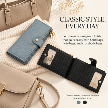 ✨ RFID Blocker Bifold Wallet – Women's Vegan PU Zip Wallet with 16 Card Slots, 2 ID Windows & 2 Zipper Pockets