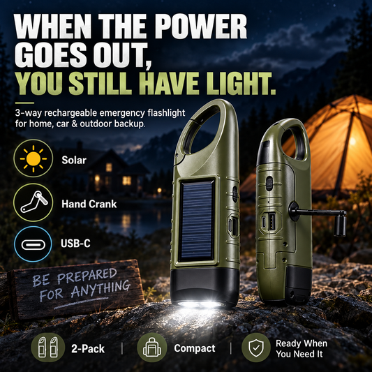 2-Pack Compact ABS Body LED Lights - Solar Outdoor Hand-Crank USB-Type Flashlight with Clip