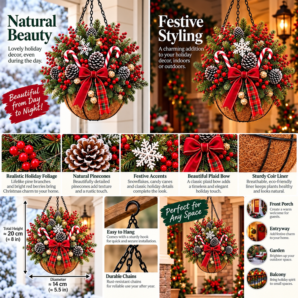 🎄 Last Day 50% OFF 🏆 Pre-Lit Christmas Hanging Basket | Pre-lit, weather-resistant, and zero maintenance