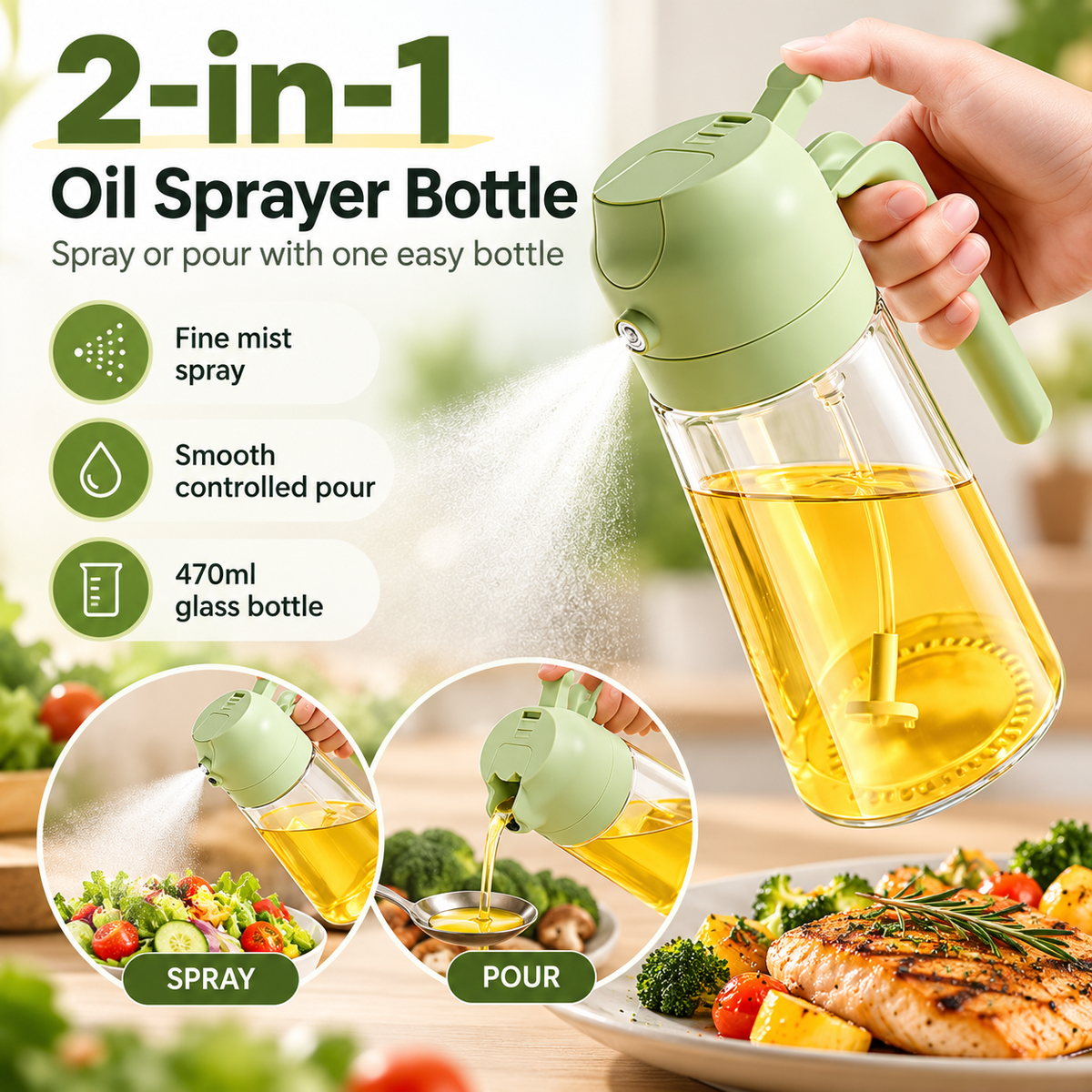 2-in-1 Glass Oil Sprayer Bottle – 470ml Refillable Cooking Oil Dispenser