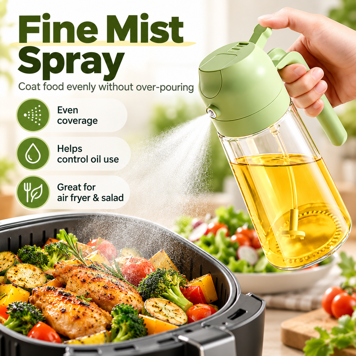 2-in-1 Glass Oil Sprayer Bottle – 470ml Refillable Cooking Oil Dispenser