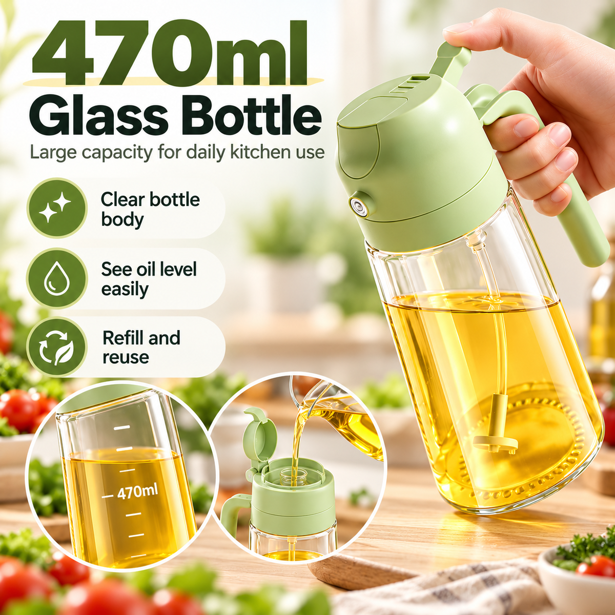 2-in-1 Glass Oil Sprayer Bottle – 470ml Refillable Cooking Oil Dispenser