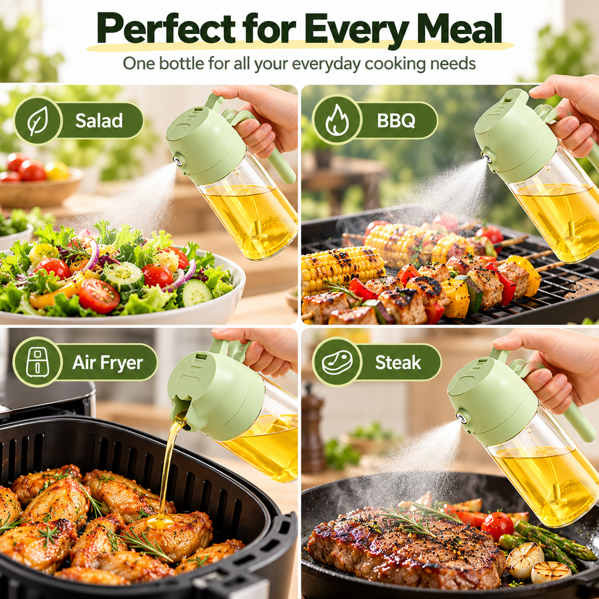 2-in-1 Glass Oil Sprayer Bottle – 470ml Refillable Cooking Oil Dispenser