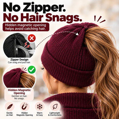 ✨2-in-1-ponytail-beanie-hat-hidden – Hidden Magnetic Closure, No-Zip Winter Knit Hat ❄️