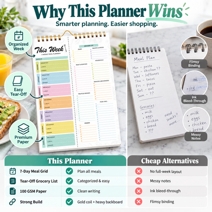 Weekly Meal Planner & Tear-Off Shopping List Notepad 🗓️