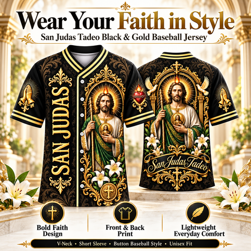 ✝️ San Judas Tadeo Black & Gold Baseball Jersey – Faith Meets Style ✨