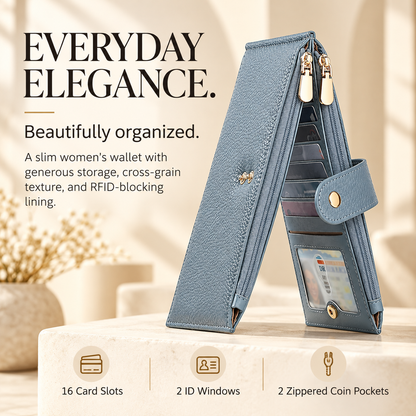 ✨ RFID Blocker Bifold Wallet – Women's Vegan PU Zip Wallet with 16 Card Slots, 2 ID Windows & 2 Zipper Pockets