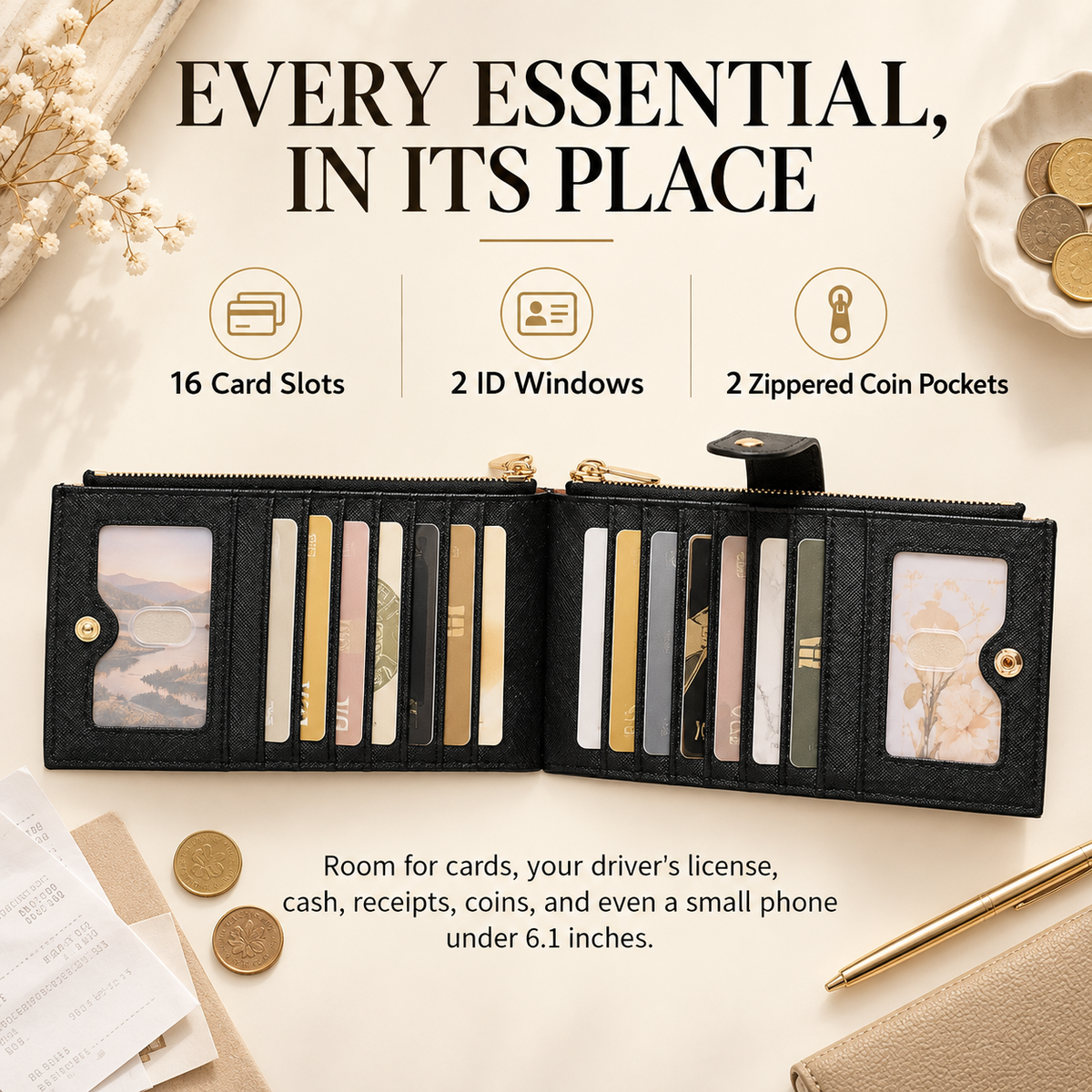 ✨ RFID Blocker Bifold Wallet – Women's Vegan PU Zip Wallet with 16 Card Slots, 2 ID Windows & 2 Zipper Pockets