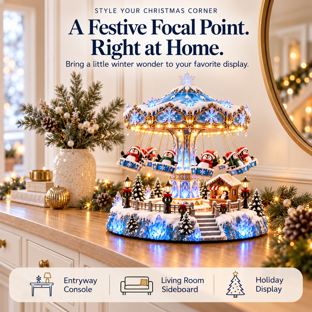 🐧 Lighted Penguin Swing Carousel – Winter Wonderland Christmas Tabletop Decor ✨