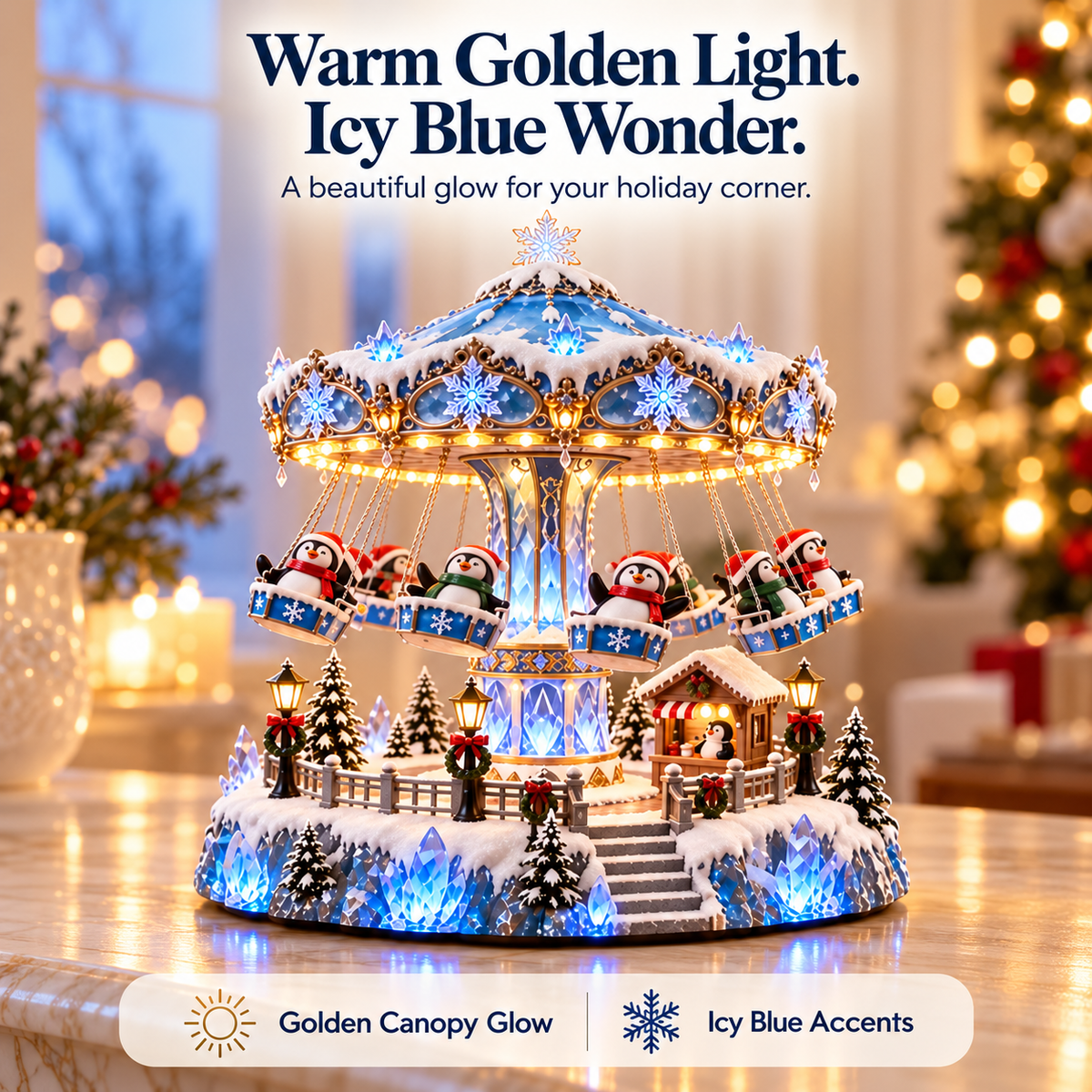 🐧 Lighted Penguin Swing Carousel – Winter Wonderland Christmas Tabletop Decor ✨