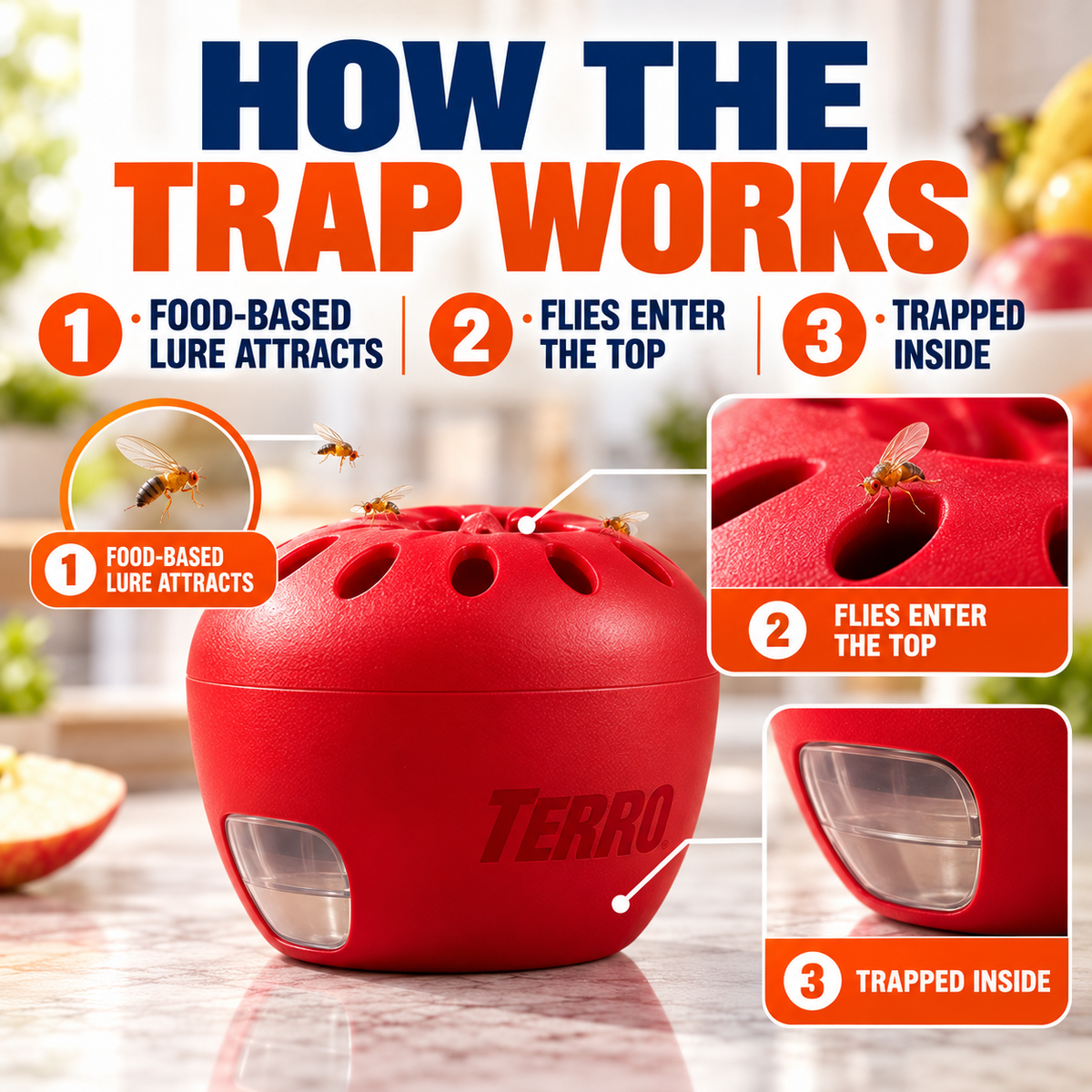 TERRO Fruit Fly Traps 2 Pack | Indoor Apple-Shaped Traps with 90-Day Lure Supply