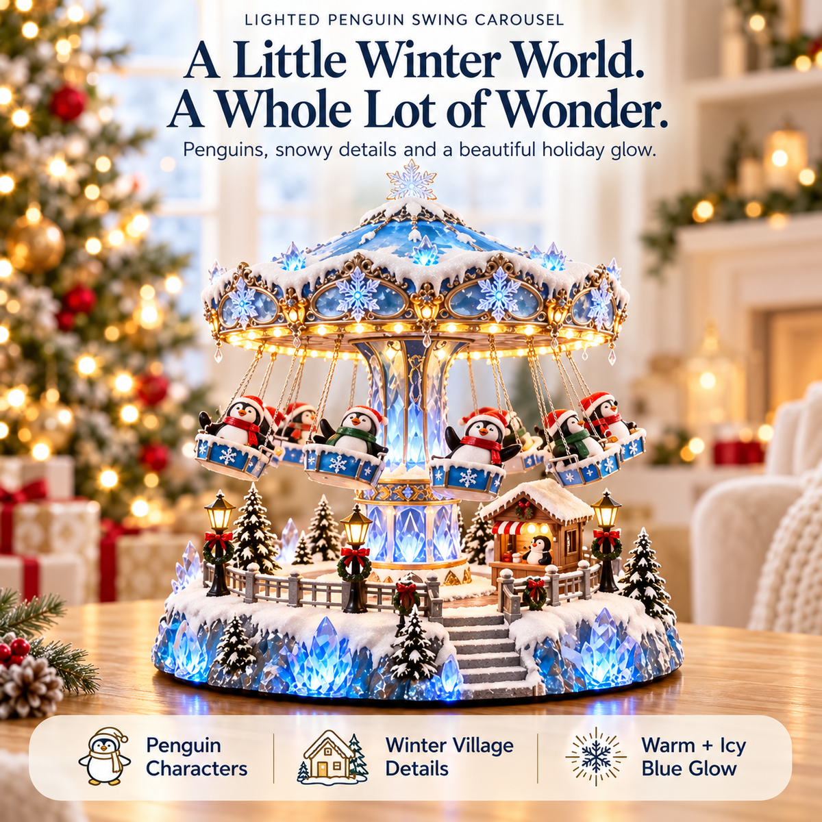🐧 Lighted Penguin Swing Carousel – Winter Wonderland Christmas Tabletop Decor ✨