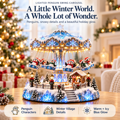 🐧 Lighted Penguin Swing Carousel – Winter Wonderland Christmas Tabletop Decor ✨