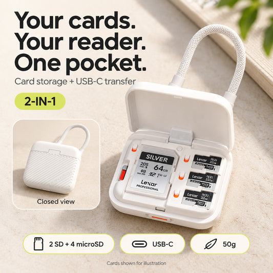 Ivory white mini SD and microSD card reader case with integrated braided USB-C cable, shown open and closed.