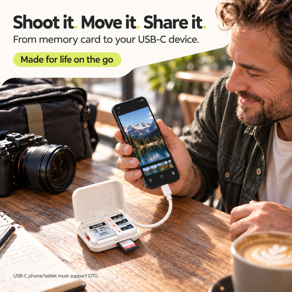 Travel photographer transferring an SD card photo to a compatible USB-C phone using the ivory white mini card reader.