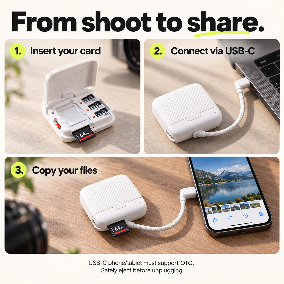 Insert a memory card into the reading slot, connect via USB-C and copy files to a compatible device.