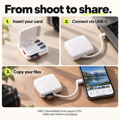 Insert a memory card into the reading slot, connect via USB-C and copy files to a compatible device.
