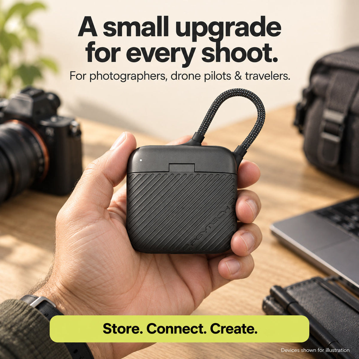Palm-sized black mini card reader case for photographers, drone pilots and travelers.