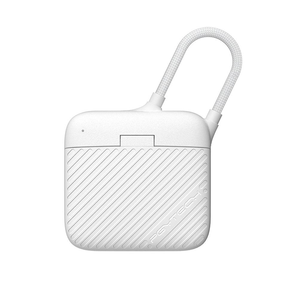 Ivory White mini SD and microSD card reader case with braided USB-C carry-loop cable.