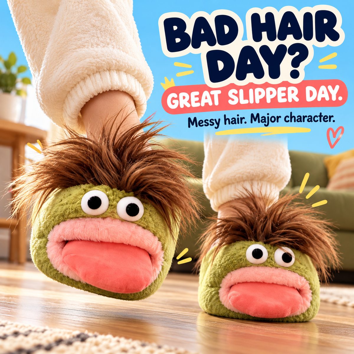 🤪 Funny Face Plush Slippers – Wild Hair, Googly Eyes & Cozy Indoor Fun 🎁