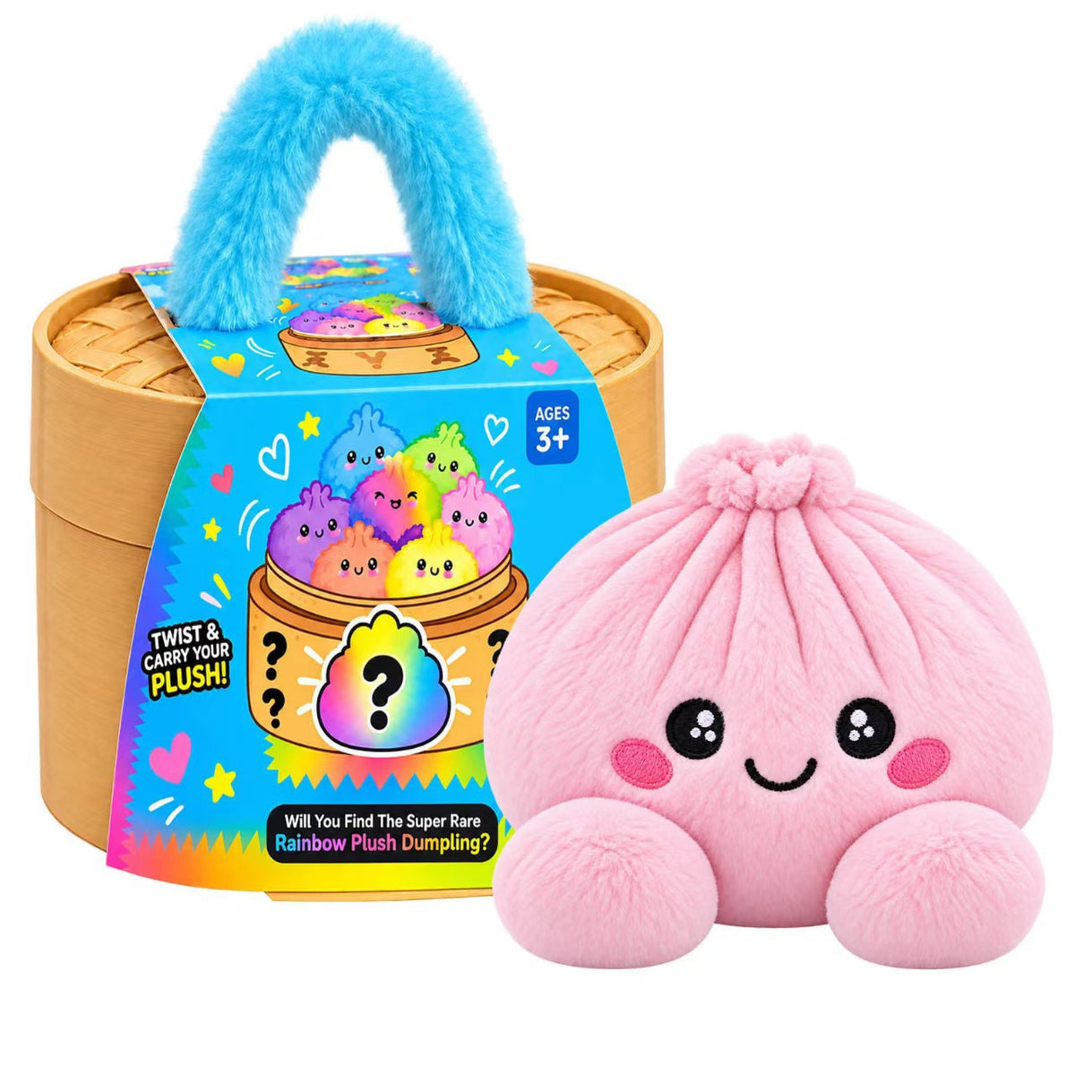 Cute Plush Stuffed Dumpling Squishies with Bamboo-Style Steamer Basket, Big Rainbow Squishy Toy