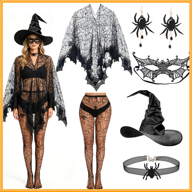 🕷️Halloween Gothic Spider Web Lace Poncho | Witch Cosplay Shawl with Bat Edge