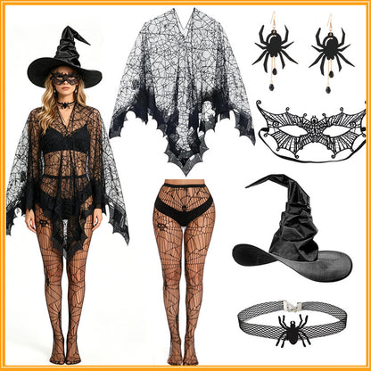🕷️Halloween Gothic Spider Web Lace Poncho | Witch Cosplay Shawl with Bat Edge
