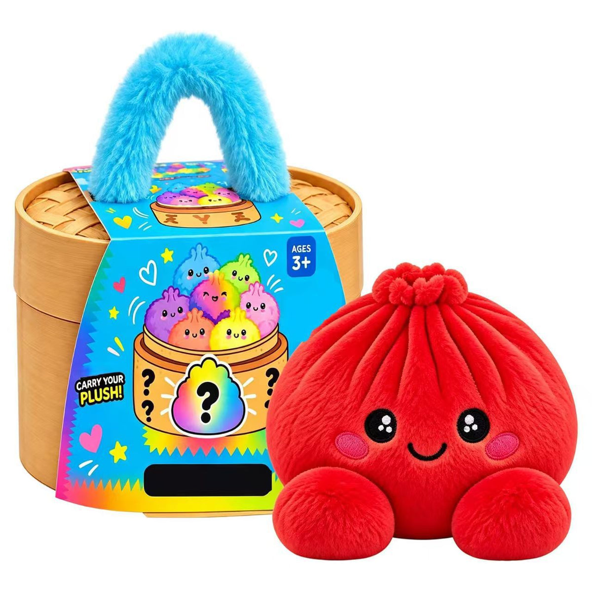 Cute Plush Stuffed Dumpling Squishies with Bamboo-Style Steamer Basket, Big Rainbow Squishy Toy