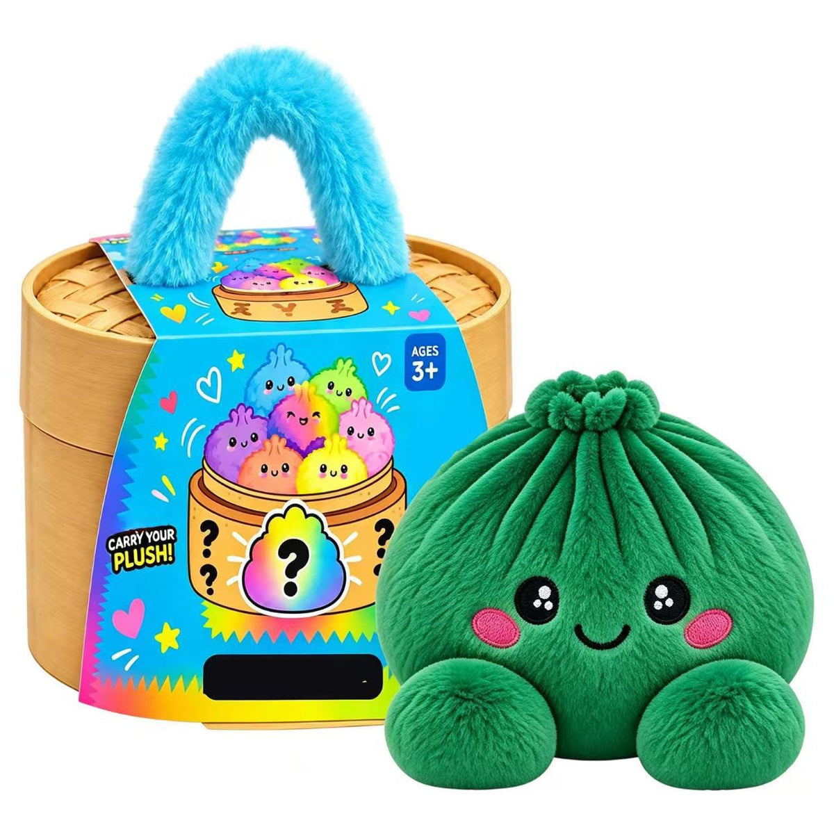 Cute Plush Stuffed Dumpling Squishies with Bamboo-Style Steamer Basket, Big Rainbow Squishy Toy