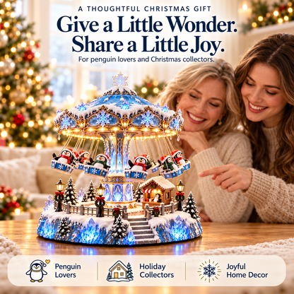 🐧 Lighted Penguin Swing Carousel – Winter Wonderland Christmas Tabletop Decor ✨