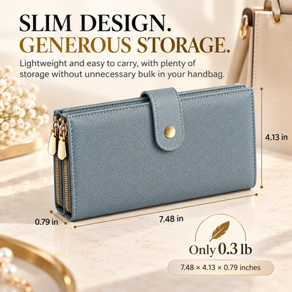 ✨ RFID Blocker Bifold Wallet – Women's Vegan PU Zip Wallet with 16 Card Slots, 2 ID Windows & 2 Zipper Pockets