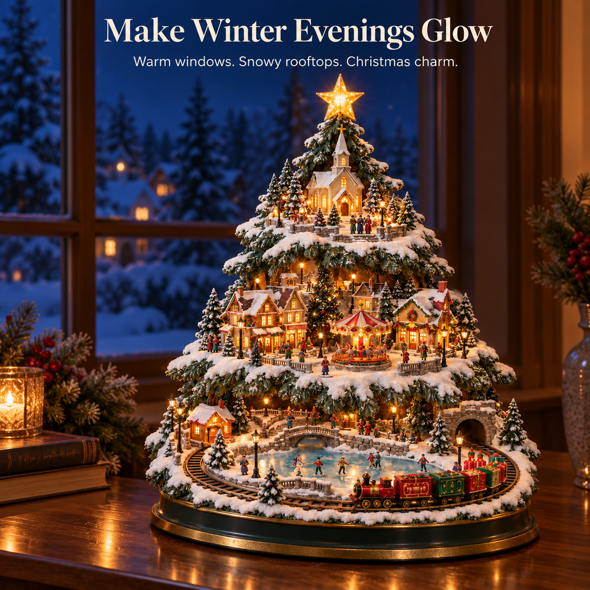 🚂🎄 Lighted Christmas Village Tree – Animated Train & Carousel Holiday Display