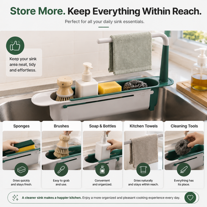 🚰 50% OFF! 🧽 2-in-1 Sink Organizer Rack – Expandable & towel drying bar ✨